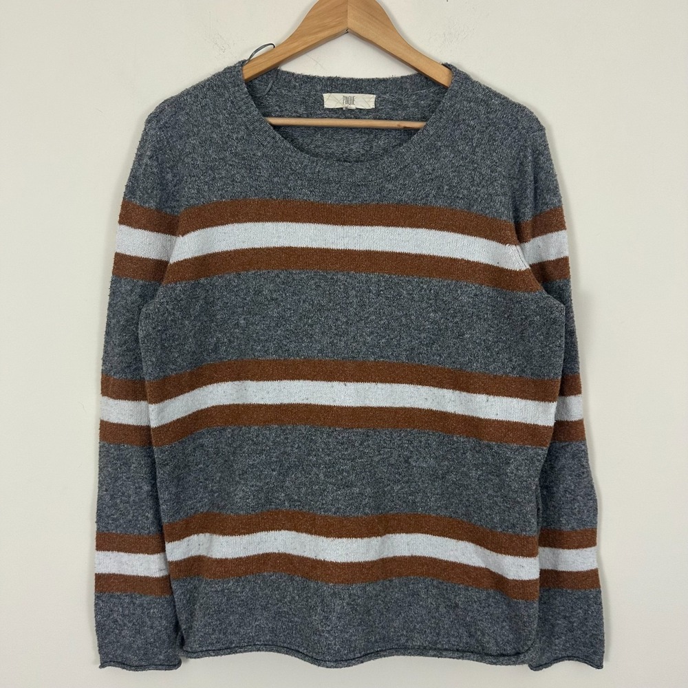 Pinque Sweater Gray Stripe Long Sleeve Knit Preppy Womens Large PF9S20047SF